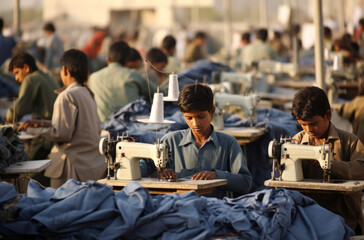 Children in Pakistan as young as 5-7 years old sewing clothes in a factory - obrazy, fototapety, plakaty