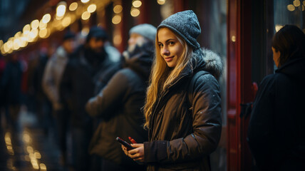 Young 20-Year-Old Woman Waits in Line on a Winter Day to Attend a Show
