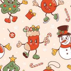 Snowman, Christmas tree and stocking dancing, ball is skating. Cute old retro cartoon style characters. Knitted ugly sweater. Seamless pattern for wallpaper, fabric, wrapping, background.