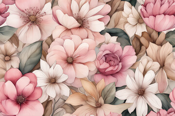 Abstract background of watercolor flowers, pink and beige colors