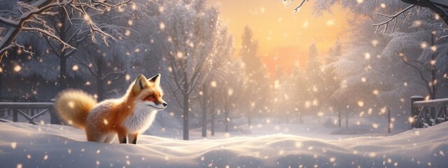 Beautiful vulpes fox against the backdrop of a snowy winter forest with a bushy tail, hunting in the freshly fallen snow in the park. wild forest animals. - obrazy, fototapety, plakaty