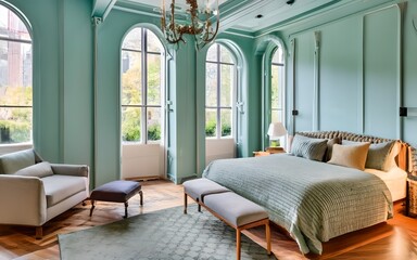 French country style style interior design of modern bedroom with mint color wall