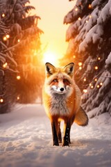 Beautiful vulpes fox against the backdrop of a snowy winter forest with a bushy tail, hunting in the freshly fallen snow in the park. wild forest animals.
