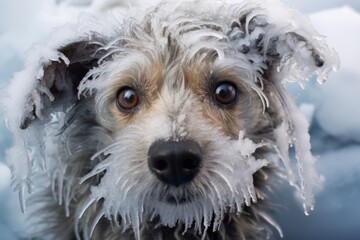 The face of a homeless sad dog, covered with ice, close-up. - obrazy, fototapety, plakaty