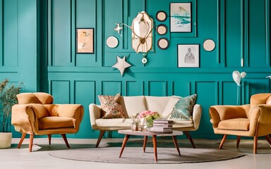 Grey sofa against dark teal wall with decorative circles as wall decor. Mid-century, scandinavian home interior design of modern living room