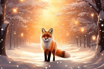 Beautiful vulpes fox against the backdrop of a snowy winter forest with a bushy tail, hunting in the freshly fallen snow in the park. wild forest animals.