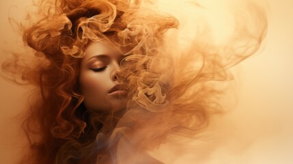 Fototapeta premium A beautiful woman's face shrouded in smoke. Abstract image of dreams, memories, feminine beauty.