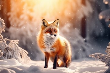 Beautiful vulpes fox against the backdrop of a snowy winter forest with a bushy tail, hunting in the freshly fallen snow in the park. wild forest animals.