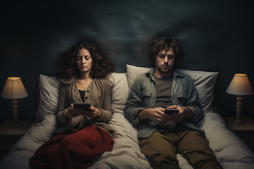 Naklejka premium young couple husband and wife lying in bed and looking at their smartphones
