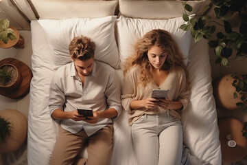 young couple husband and wife lying in bed and looking at their smartphones