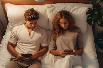 young couple husband and wife lying in bed and looking at their smartphones