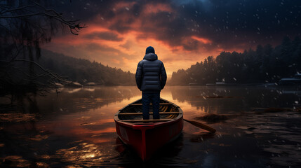 lonely man in a boat on the river at dawn
