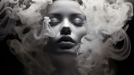 A beautiful woman's face shrouded in smoke. Abstract image of dreams, memories, feminine beauty.