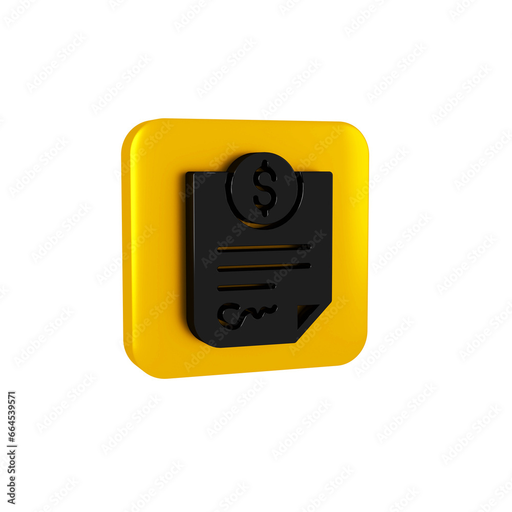 Poster Black Contract money icon isolated on transparent background. Banking document dollar file finance money page. Yellow square button.