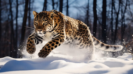 Majestic Leap of an Amur Leopard in Snowy Wilderness - Perfect for Wildlife Documentaries, Environmental Awareness Campaigns, and Winter-Themed Artistic Projects
