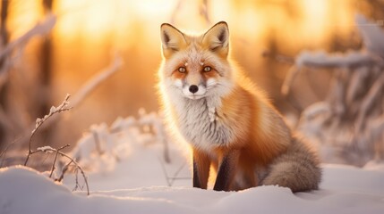 Beautiful vulpes fox against the backdrop of a snowy winter forest with a bushy tail, hunting in the freshly fallen snow in the park. wild forest animals.