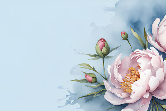Watercolor peony flowers on blue background; copy space, wallpaper.