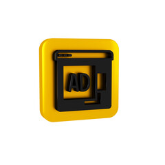 Black Advertising icon isolated on transparent background. Concept of marketing and promotion process. Responsive ads. Social media advertising. Yellow square button.