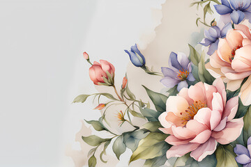 Watercolor spring flowers on beige background; copy space, wallpaper.