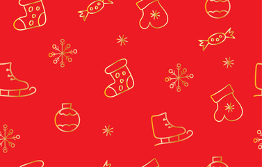 Christmas seamless pattern with gold hand drawn snowflakes, mittens, skates and candies on red background. Wrapping paper, event, party greeting, Christmas concept.