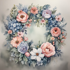 Watercolor flowers wreath in cold colors