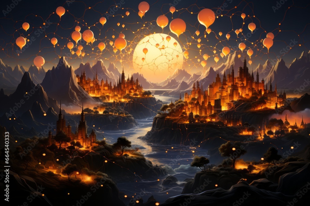 Poster an imaginative image featuring a world map with the continents replaced by giant lychees engulfed in