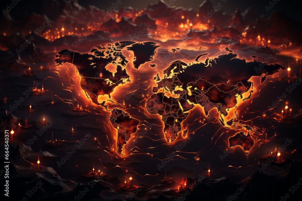 Poster an imaginative image featuring a world map with the continents replaced by giant lychees engulfed in