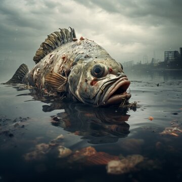 An emotive image showing fish struggling to survive in water contaminated with metallurgical waste, providing a stark representation of the impact on aquatic life.