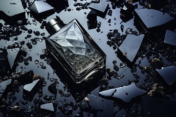 Abstract black perfume bottle on black glass