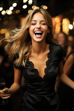 An exquisite blonde woman in black dress is joyfully celebrating at a festive party