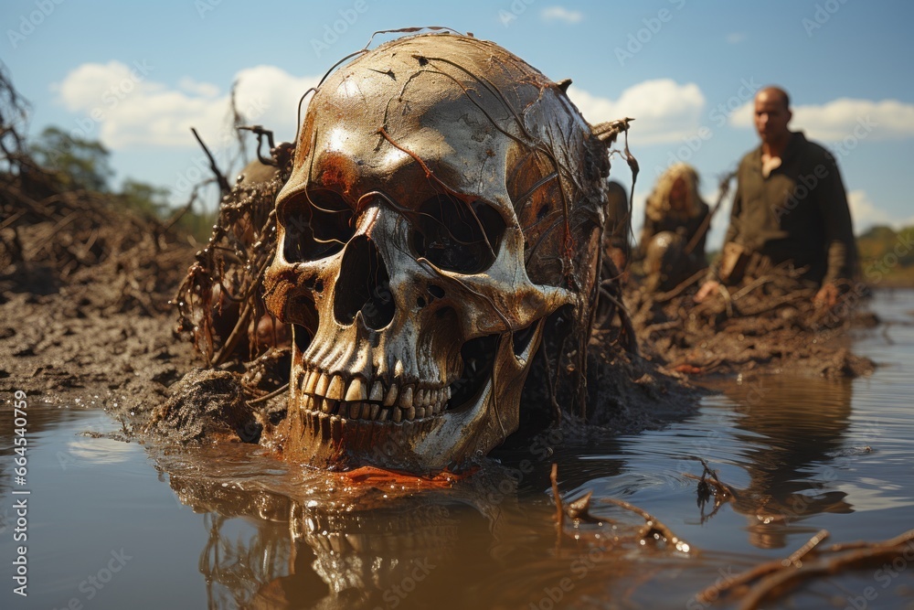 Poster an impactful photograph depicting the release of toxic, metallic waste directly into a water body fr