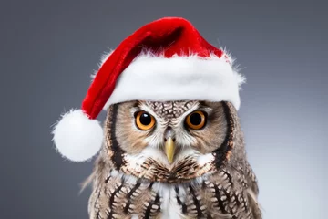 Foto op Plexiglas Cute little festive owl wearing a Father Christmas santa hat © ink drop