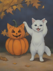 Fototapeta premium Cat are happy with its pumpkin in halloween, generative by AI
