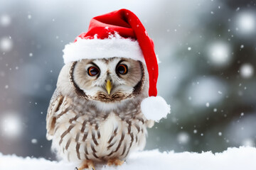 Cute little festive owl wearing a Father Christmas santa hat