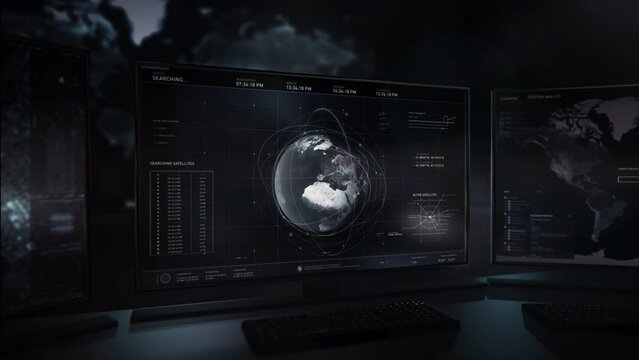 Three modern computer monitors. Analysis of Sweden is requested with the main point in the capital Stockholm. Tracking the location of the satellites. The footage from the three was accessed. UI.