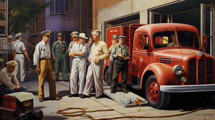 1940s fire station, 1940s painting. Generative AI