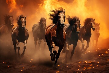 A dramatic photograph displaying a group of wild horses galloping through the scorched landscape, their manes billowing in the wind as they escape the encroaching flames. - obrazy, fototapety, plakaty