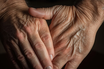 Hands of a old person close up. Detailed texture of human skin