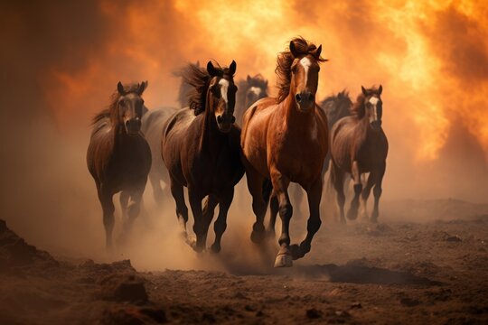 A dramatic photograph displaying a group of wild horses galloping through the scorched landscape, their manes billowing in the wind as they escape the encroaching flames.