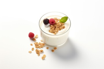 A glass of yogurt with granola and raspberries