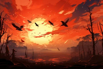 Keuken foto achterwand A striking shot of a flock of birds urgently taking flight from the burning treetops, their wings silhouetted against the orange hues of the inferno. © Oleksandr