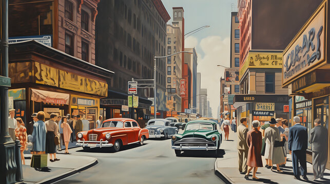 new york city street, 1940s painting. Generative AI