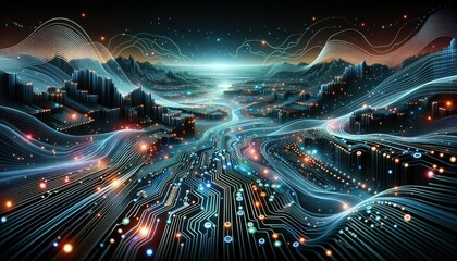 Illustration of abstract microchip technology. The design showcases intricate circuits, glowing nodes, and dynamic data streams flowing across the canvas, capturing the essence of advanced tech.