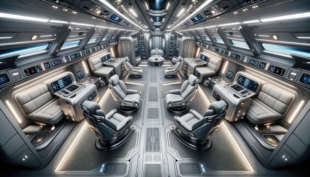 Spacious spaceship cabin, equipped with high-tech amenities, comfortable seating areas, and state-of-the-art communication systems. Overhead compartments and metallic surfaces.