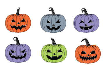 Vector Colored Scary Smiling Halloween Pumpkins Set Isolated on white background Colorful Vintage Style Pumpkin Line Illustration with Creepy Face Expressions Happy Halloween Trick or Treat. 