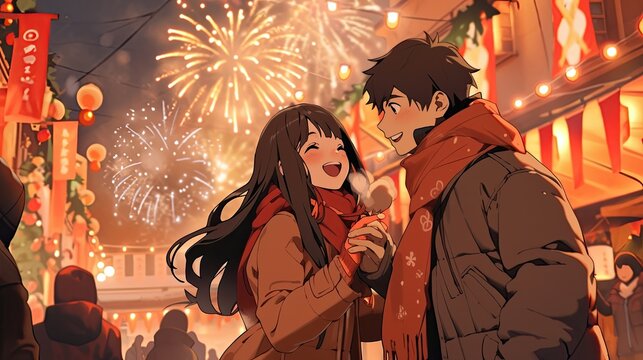 Anime couple is strolling and girl enjoying the fireworks through the Christmas night, enjoying New Year's fireworks. 