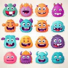 Cartoon style caricatures, happy, brave, scared, serious., many colors, blue