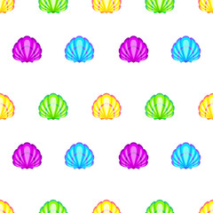 Colorful seashell and bubbles cartoon seamelss pattern. Vector illustration