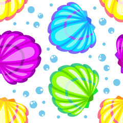 Colorful seashell and bubbles cartoon seamelss pattern. Vector illustration