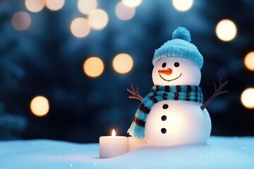 Bright illustration Winter card for Christmas. Funny snowman in a hat and scarf against the background of a snow-covered Christmas tree. Winter cold landscape.